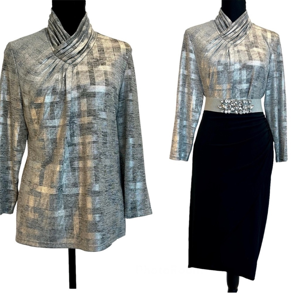 CALVIN Klein silver metallic high neck blouse Sz M